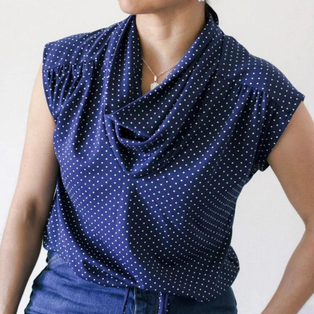 Vintage 70's Navy Blue and White Swiss Dotted Top/Cowl Neck/Bat Sleeves